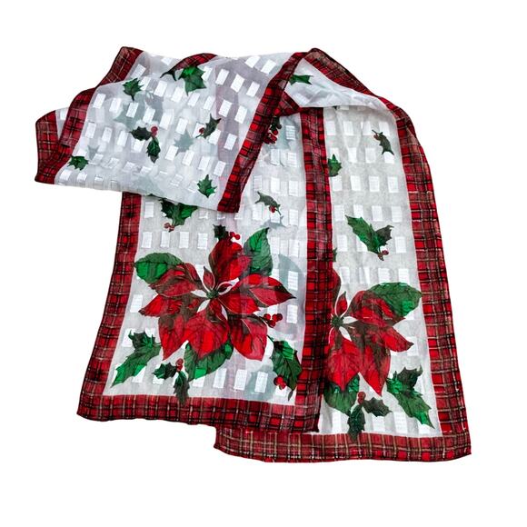 Christmas holiday silk burnout scarf long rectangle white green red plaid border - Picture 1 of 6